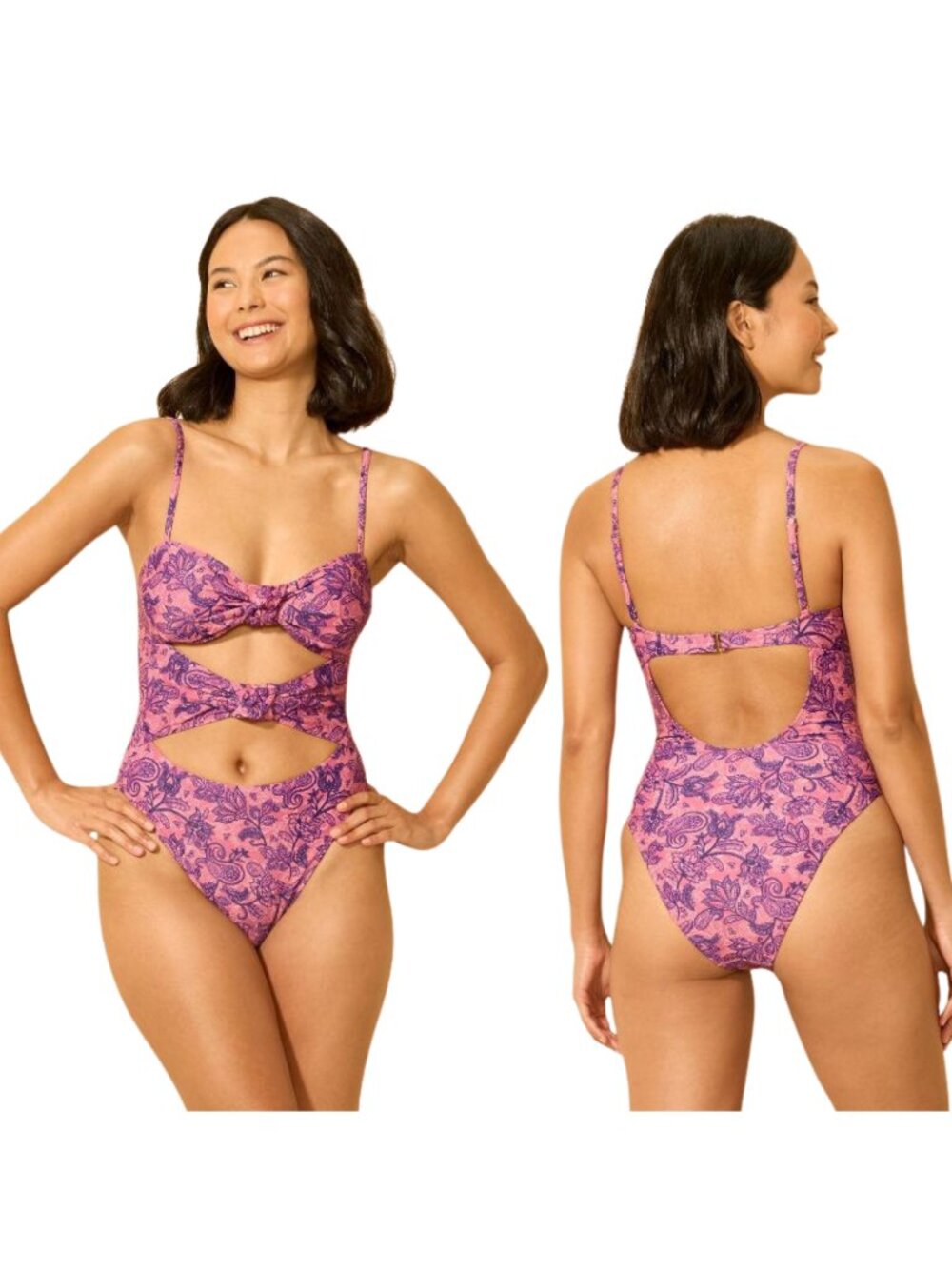 NEW Wild Fable Purple Paisley Floral Cutout One Piece Swimsuit Adjustable